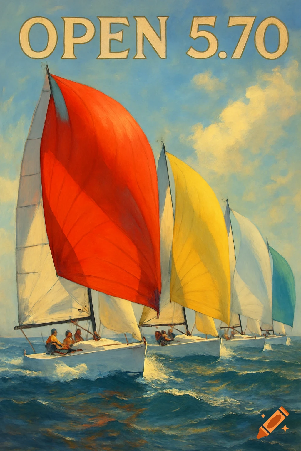 A painterly image of colorful sailboats with red, yellow, white, and teal spinnakers racing on choppy blue water under a cloudy sky. The text 'OPEN 5.70' is at the top.
