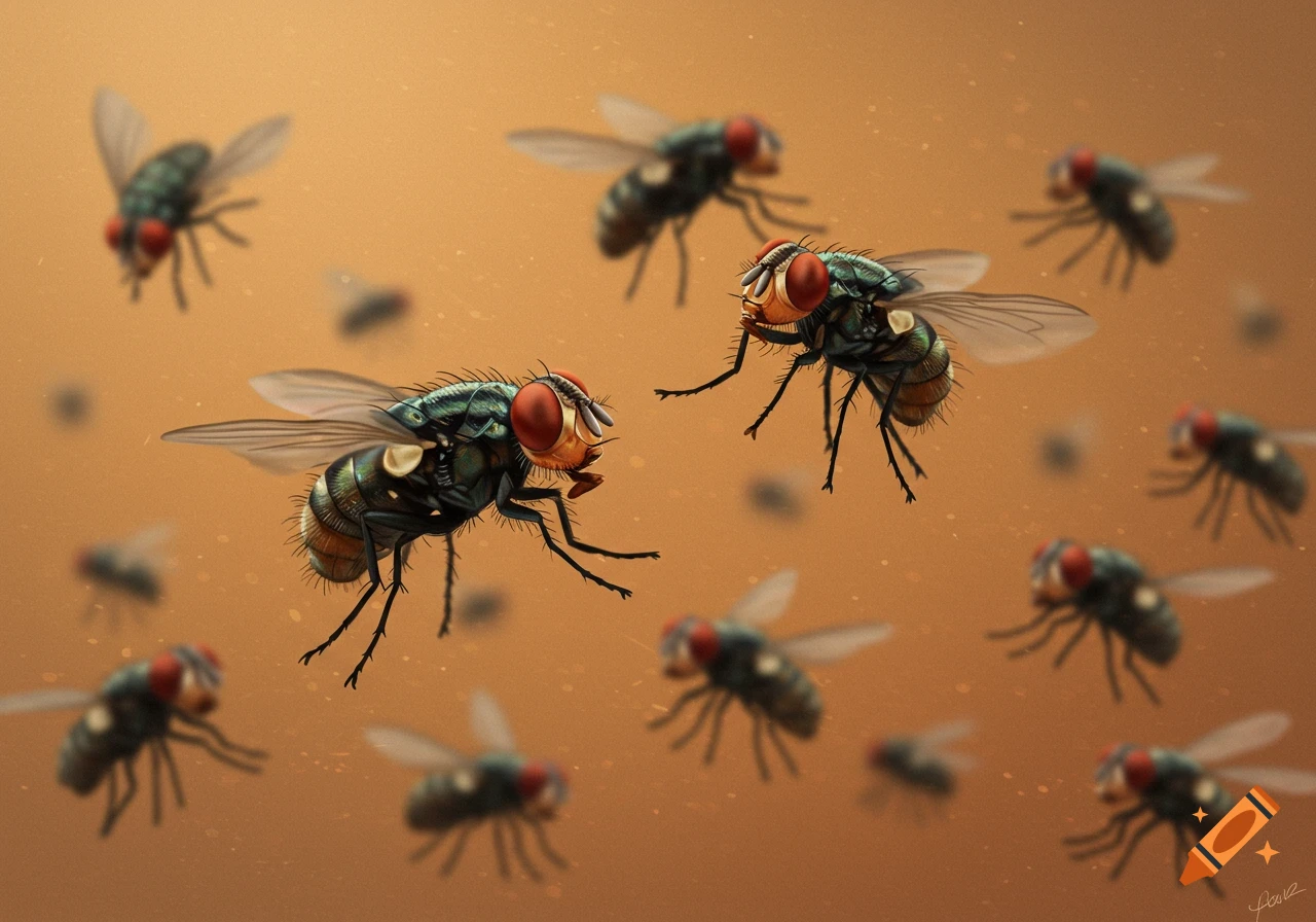 Close-up illustration of several flies with prominent red eyes and green bodies, some in sharp focus, against a blurry orange background.