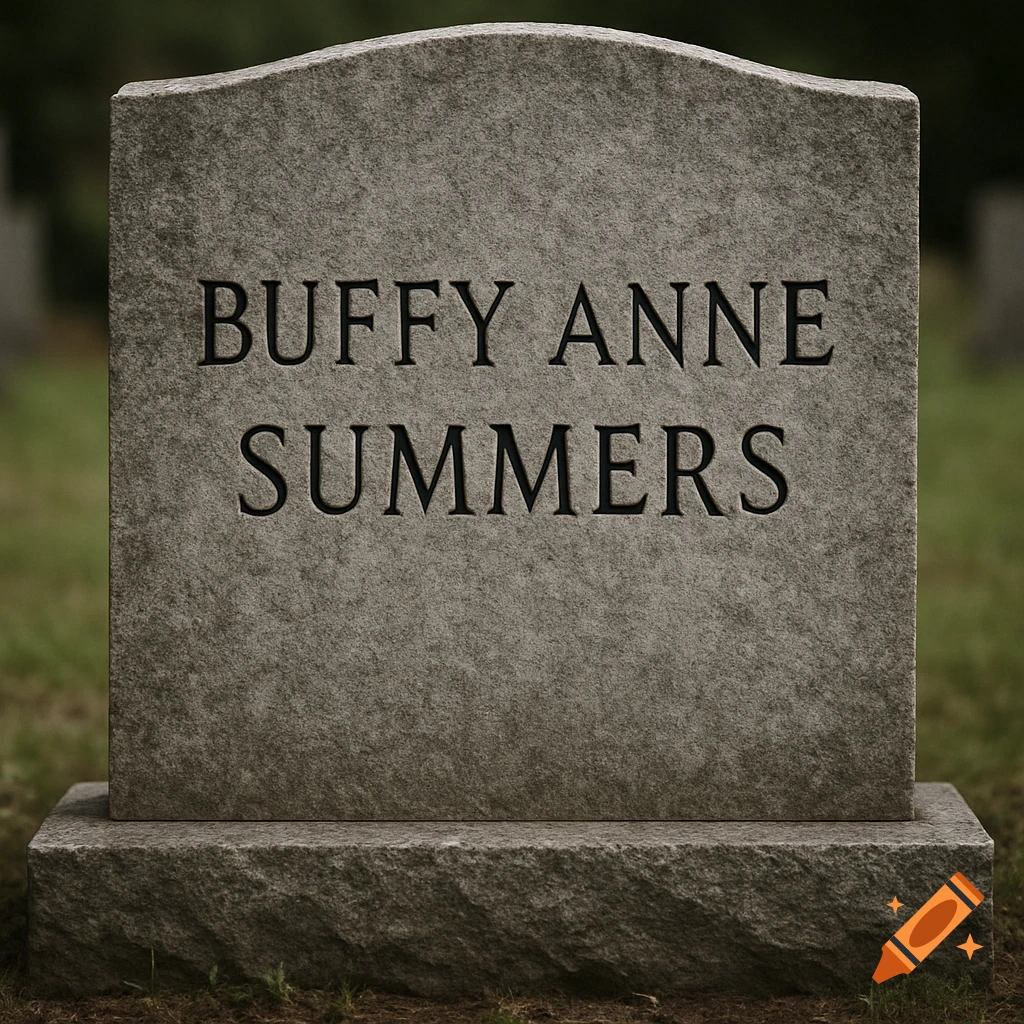 Photorealistic image of a grey granite gravestone with 'BUFFY ANNE SUMMERS' carved into it, set in a grassy cemetery.
