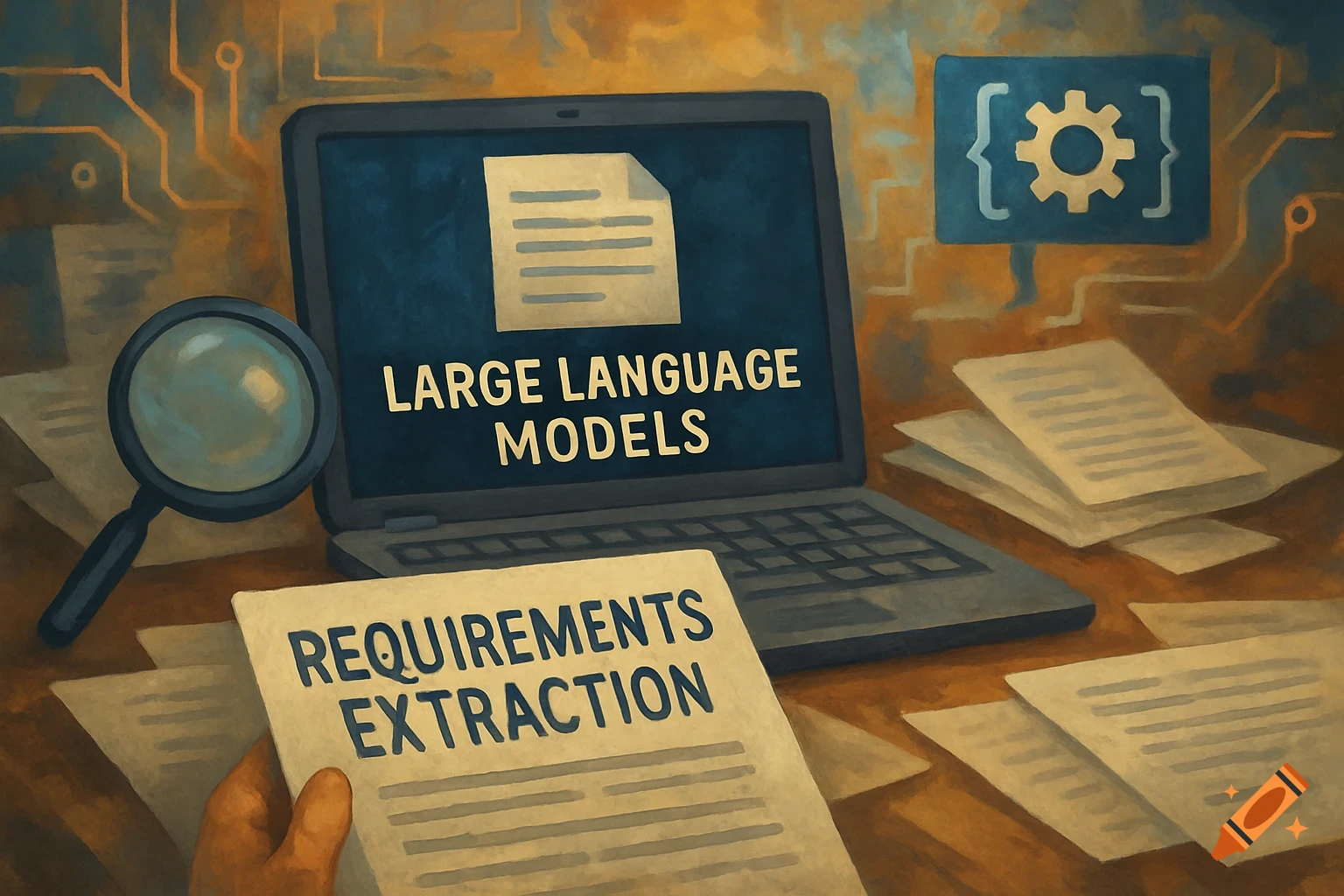 A painting of a laptop displaying "LARGE LANGUAGE MODELS" and a hand holding a document titled "REQUIREMENTS EXTRACTION", with a magnifying glass on a desk.