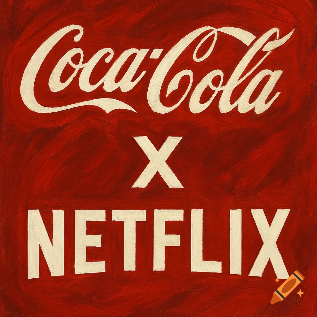 The Coca-Cola logo and Netflix logo separated by an 'X' on a red, textured background.