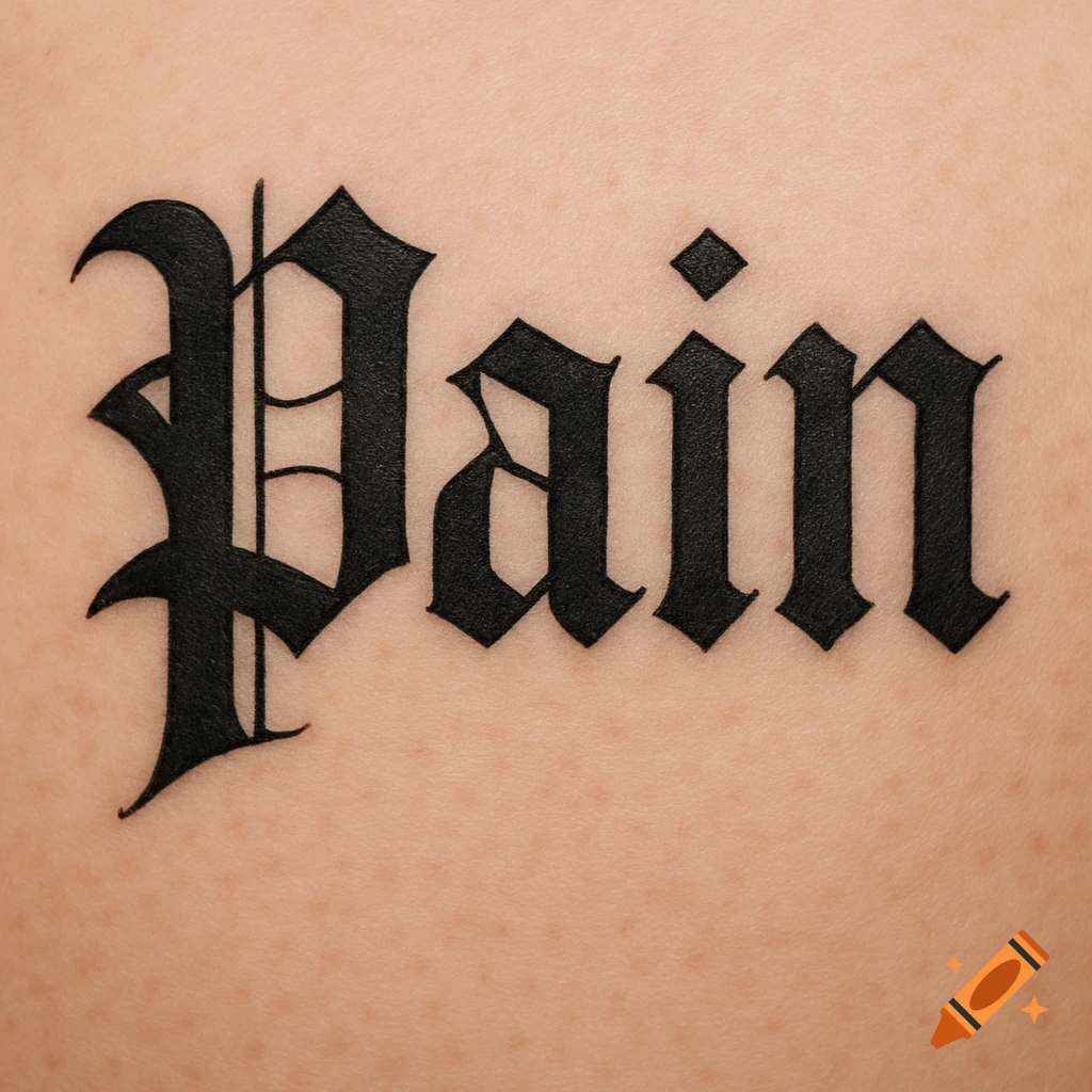 A black Old English style tattoo of the word 'Pain' on a person's skin.