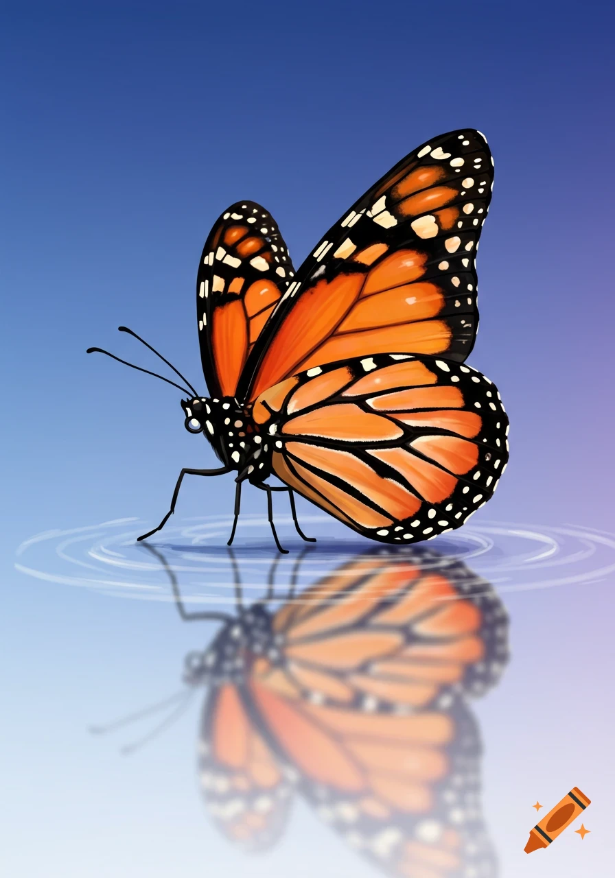 A monarch butterfly with orange and black wings stands on the surface of water, creating ripples, with its reflection visible below, against a blue and purple gradient background.