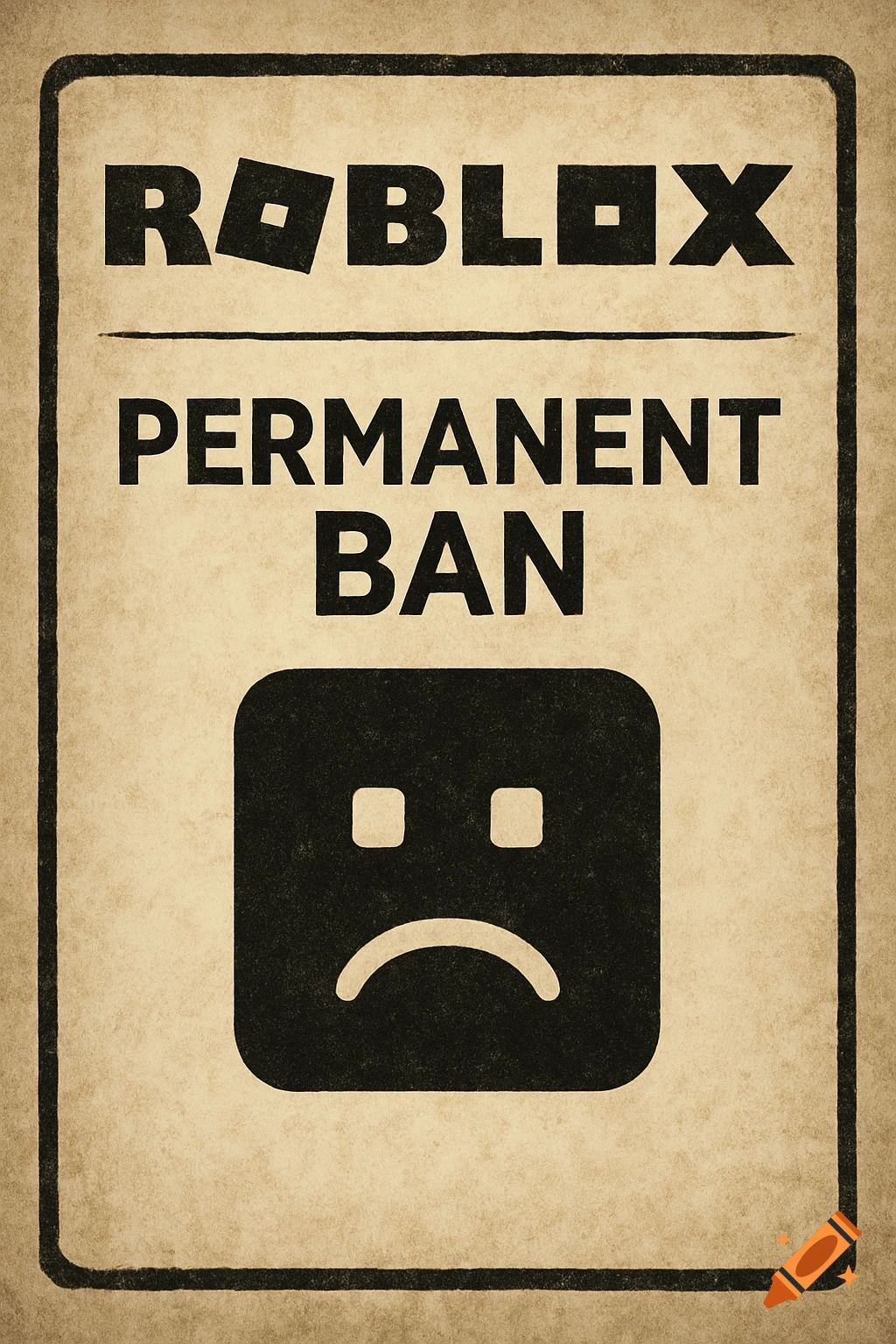 A vintage-style sign reading 'ROBLOX PERMANENT BAN' with a sad face icon below the text.