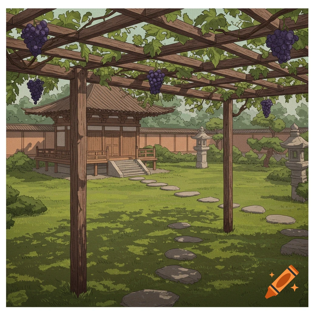 A traditional Japanese garden featuring a wooden pagoda and stepping stones, viewed under a grape-covered pergola.