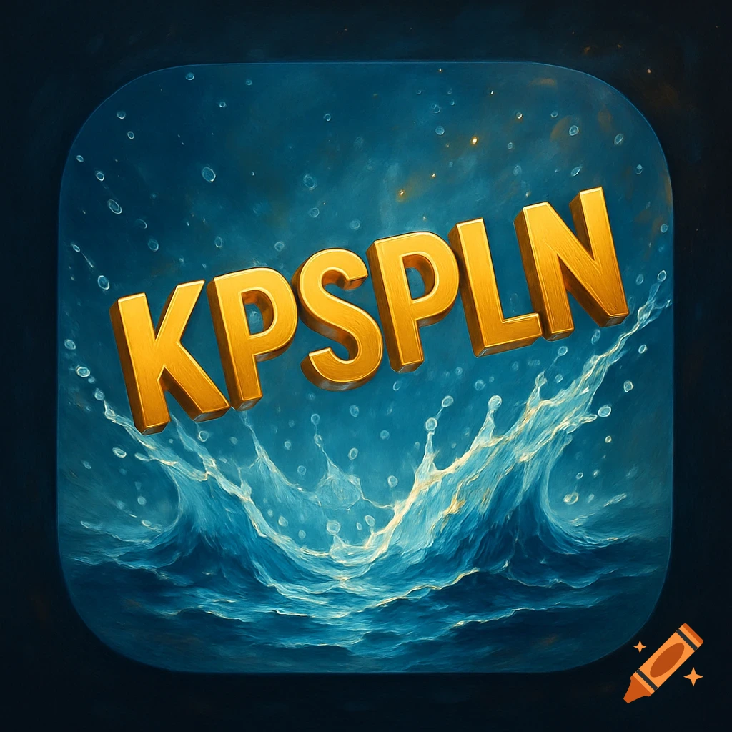 A mobile app icon with golden KPSPLN letters over a splash of blue water.