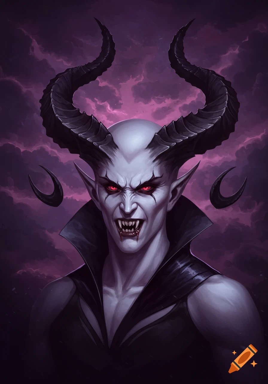 A pale-skinned vampire-like creature with glowing red eyes, sharp fangs, large black horns, and pointed ears, against a stormy purple sky.
