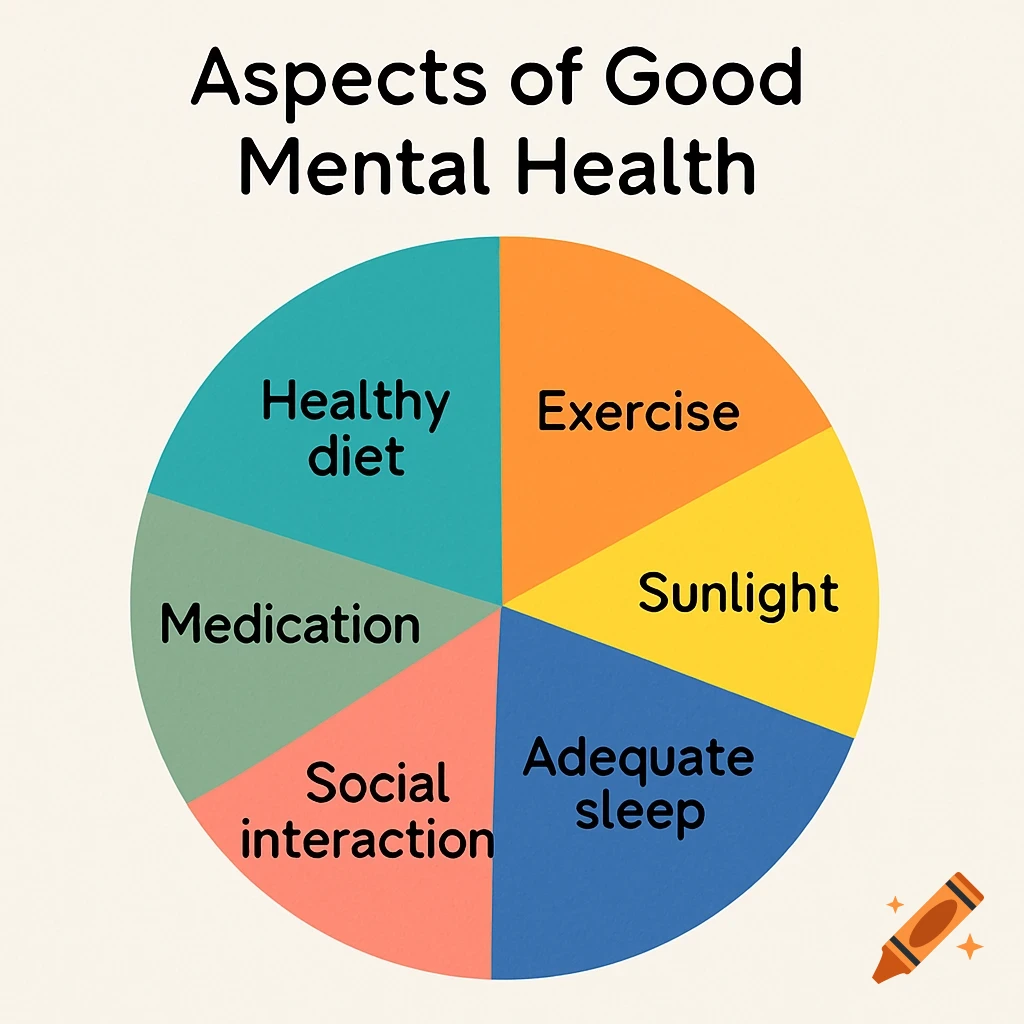 A colorful pie chart titled 'Aspects of Good Mental Health' with slices for healthy diet, exercise, sunlight, adequate sleep, social interaction, and medication.