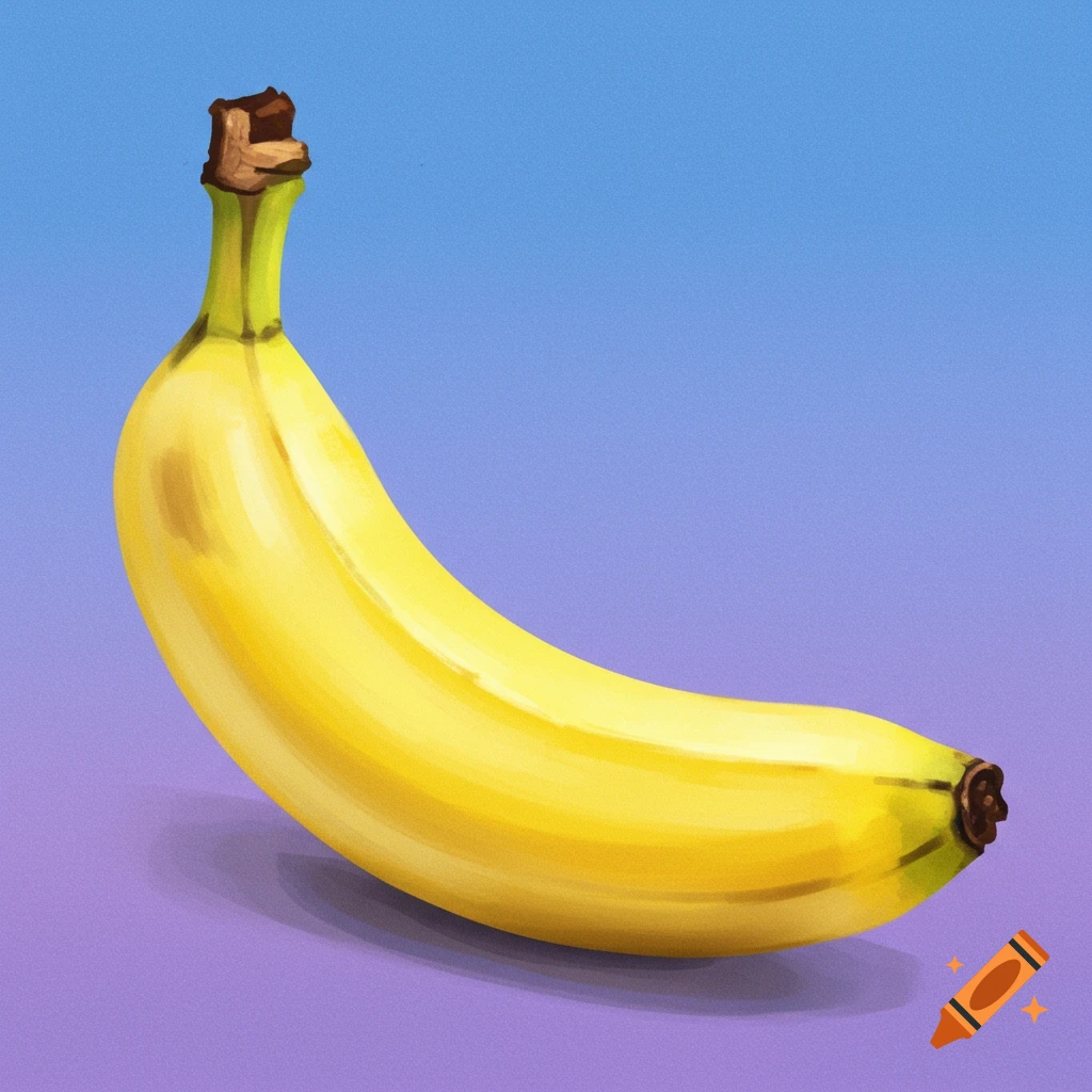 A vibrant yellow banana resting on a purple surface against a blue background, in a painterly style.