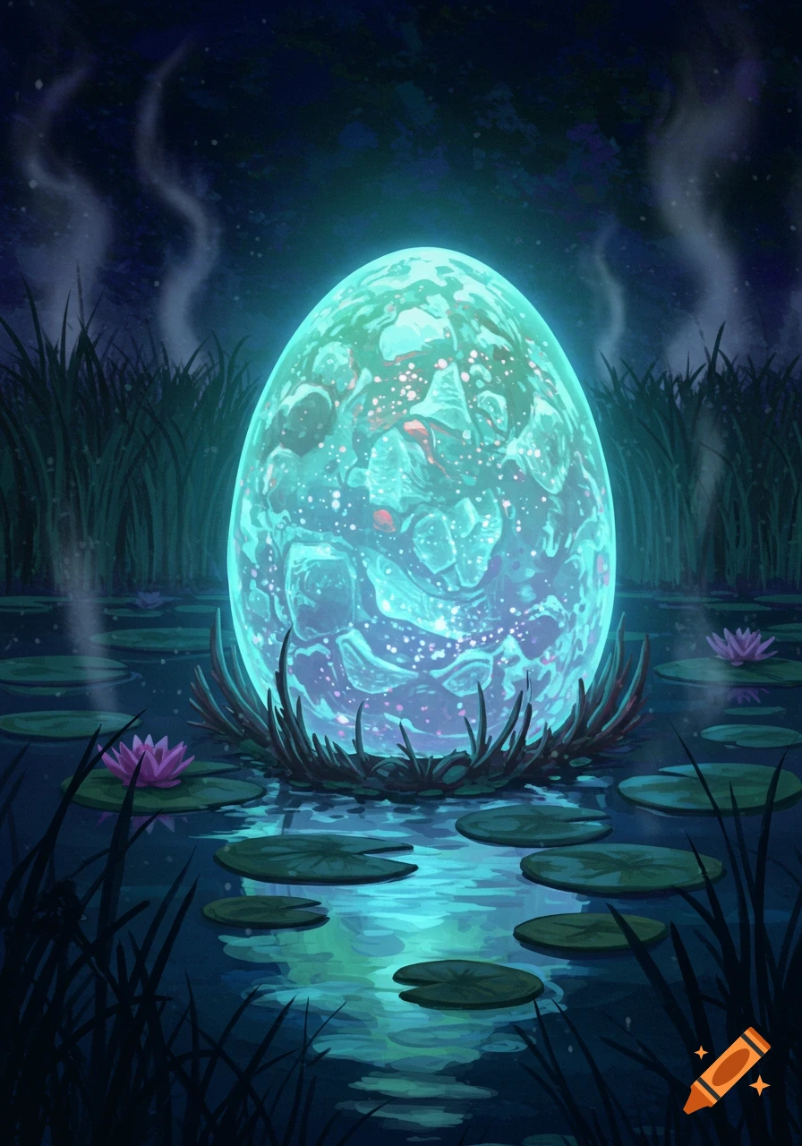 A glowing, teal-blue egg rests on a nest in a dark, mystical pond with lily pads and tall grasses, emitting wisps of smoke.