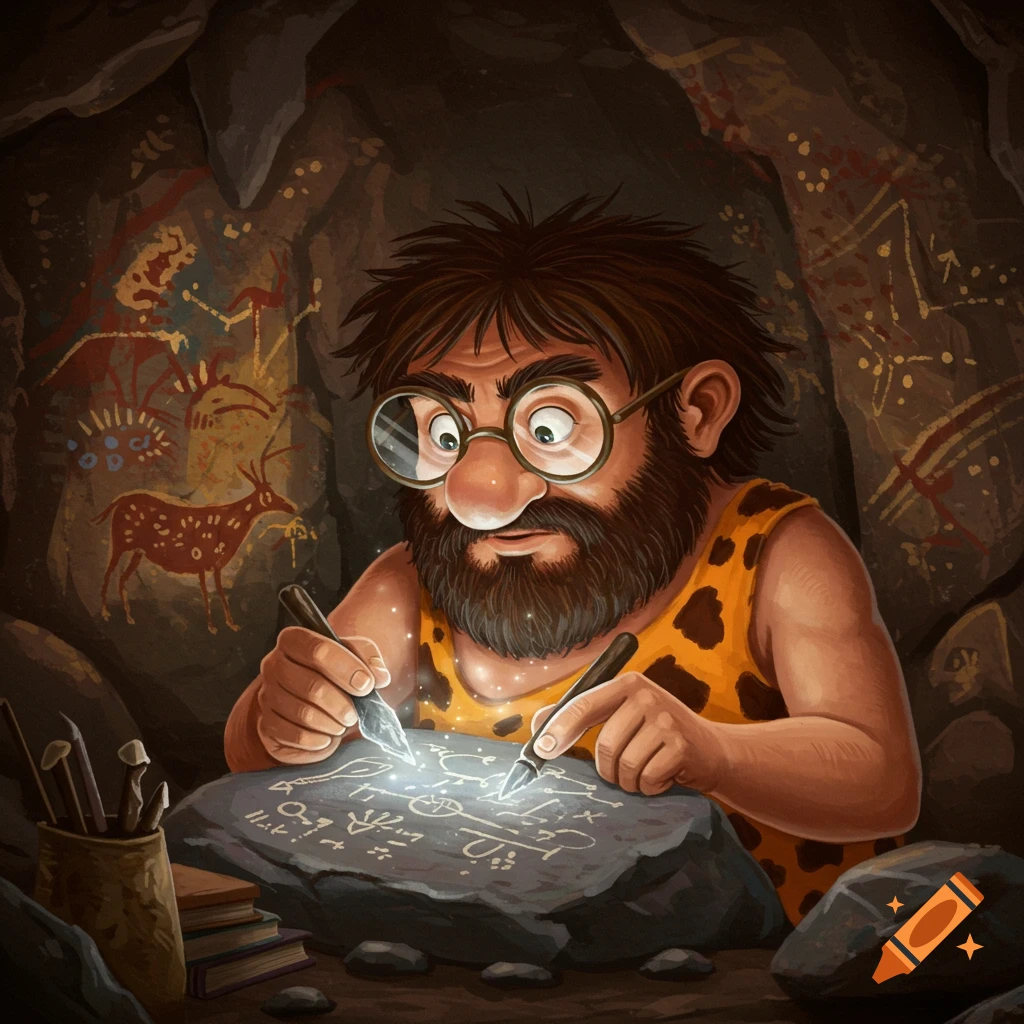 A cartoon caveman with glasses etches glowing symbols onto a stone tablet inside a cave with ancient wall paintings.