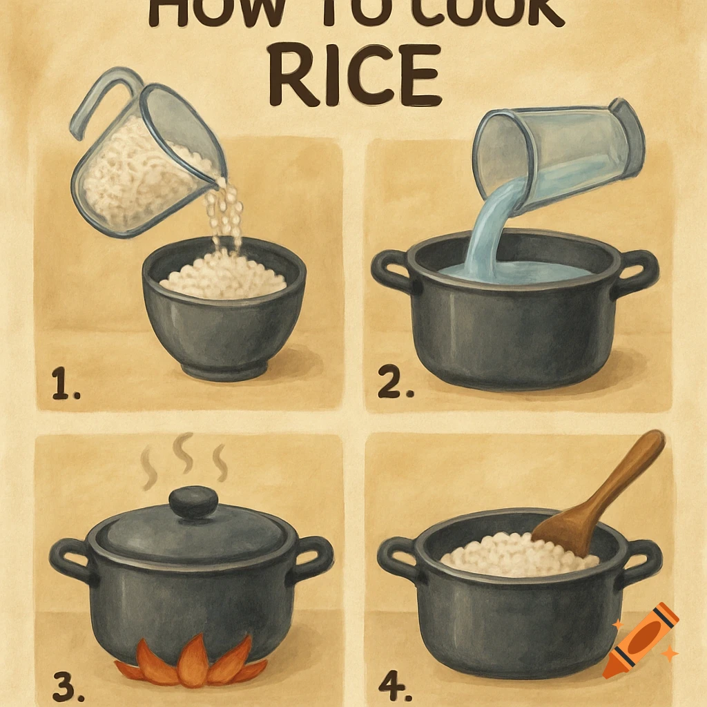 Illustrated four-step guide on cooking rice: pouring rice, adding water, cooking in a pot, and cooked rice with a spoon.