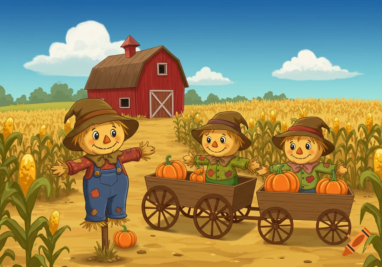 Cartoon image of three happy scarecrows, one standing and two in wagons with pumpkins, in a cornfield by a red barn.