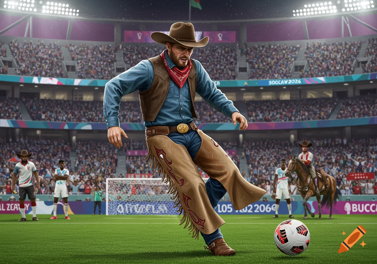 A cowboy in a brown hat and chaps prepares to kick a soccer ball on a stadium field filled with cheering fans and other players.
