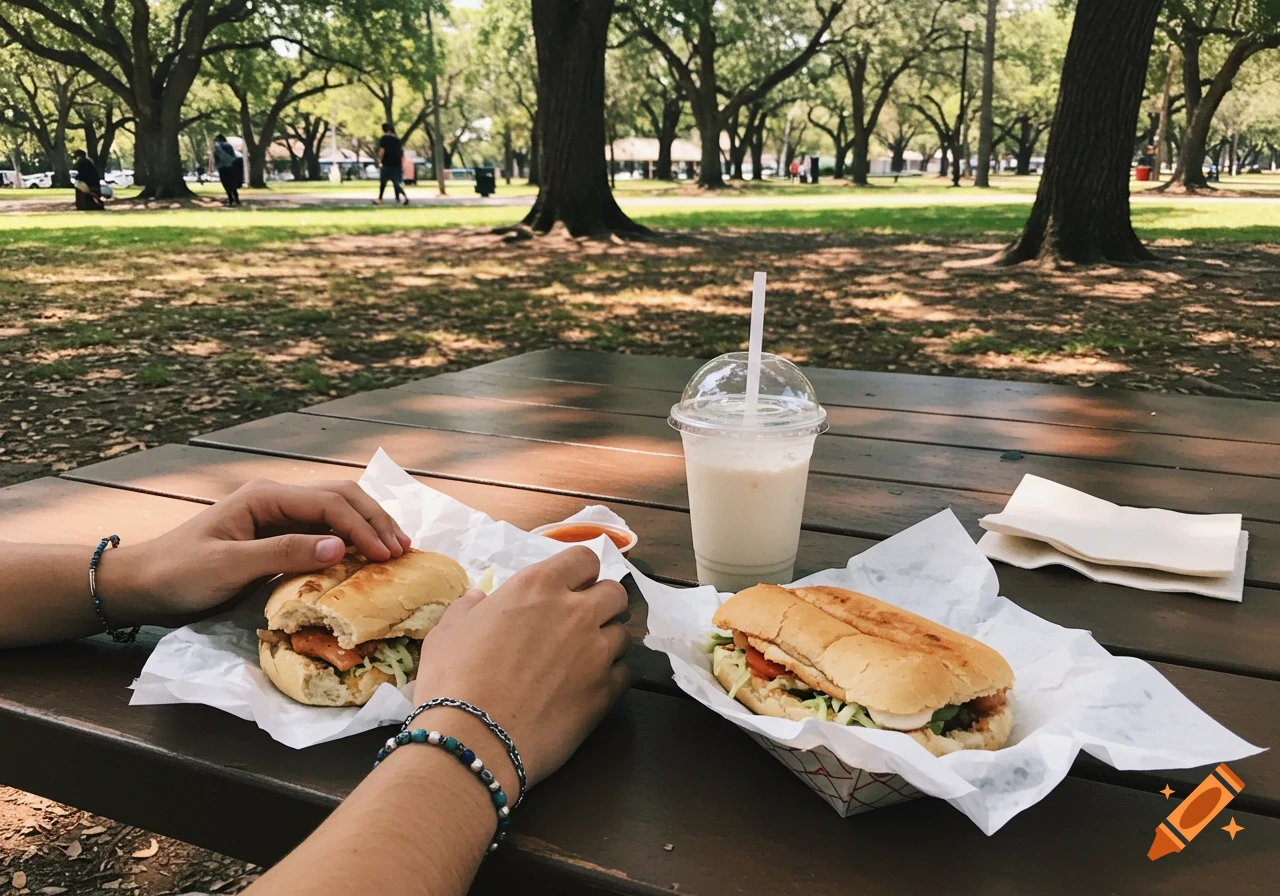 Close-up of hands on a picnic table with two sandwiches and a drink in a park on a sunny day.
