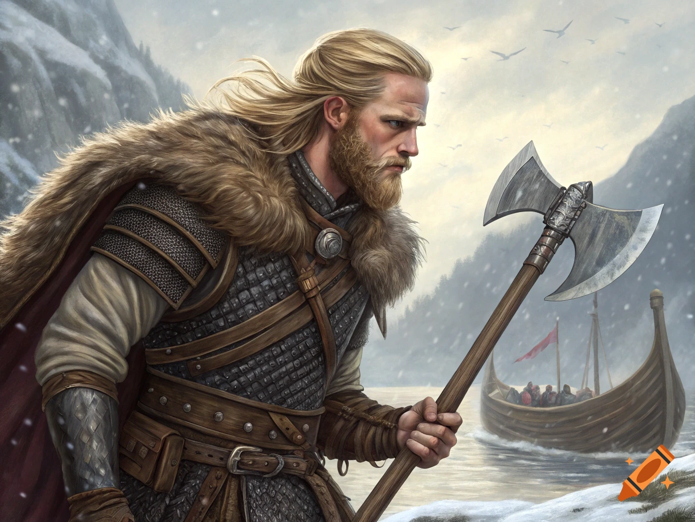 A photorealistic depiction of a blonde, bearded man in Viking armor and fur cape, holding an axe, with a longboat on water in a snowy, mountainous landscape.