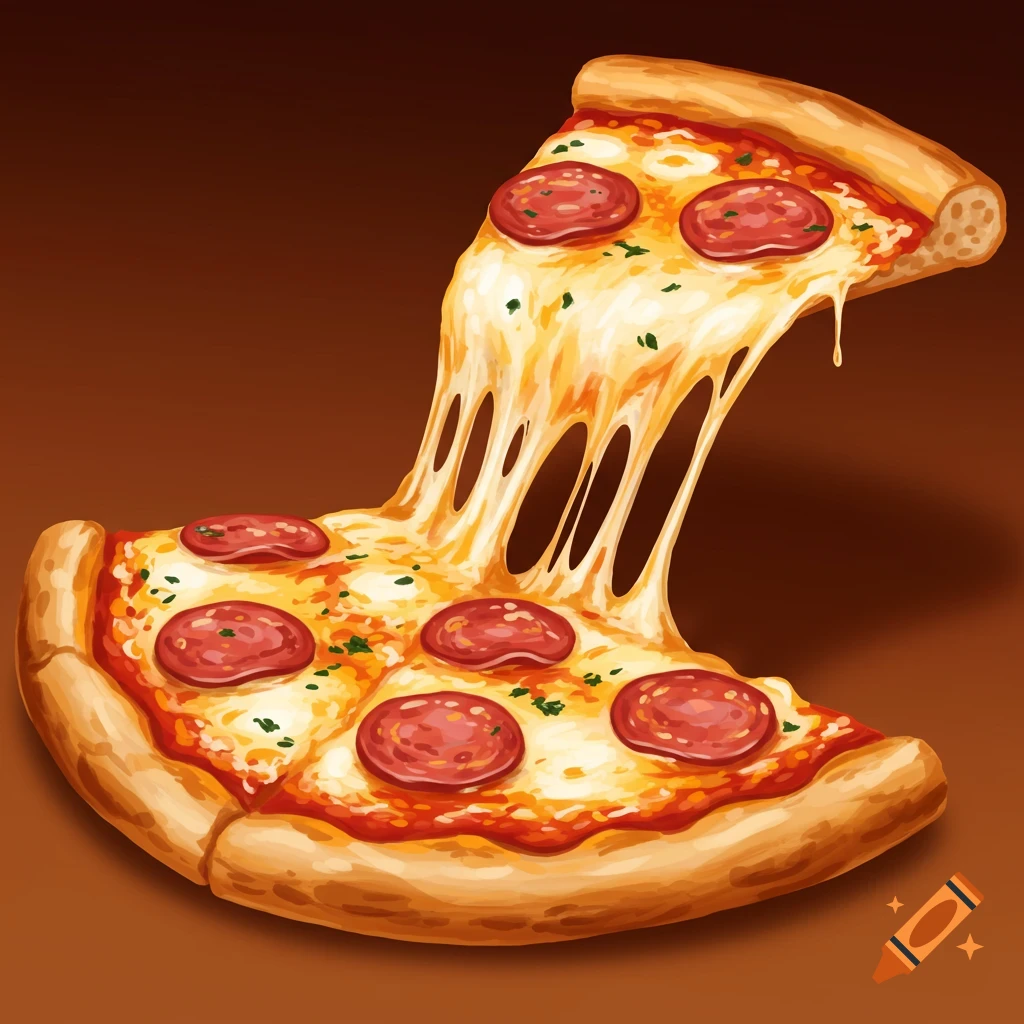 An illustrative image of a slice of pepperoni pizza being pulled, showing long strands of melted cheese.