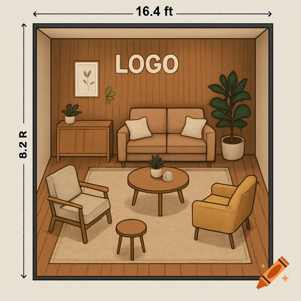 Cartoon illustration of a warm living room tradeshow booth with a sofa, chairs, coffee table, and plants. Dimensions 16.4 ft x 8.2 R are labeled.