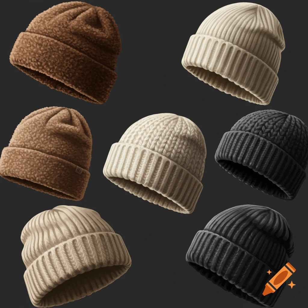 A collage of different beanie hats in various textures and colors, including brown, beige, and black.