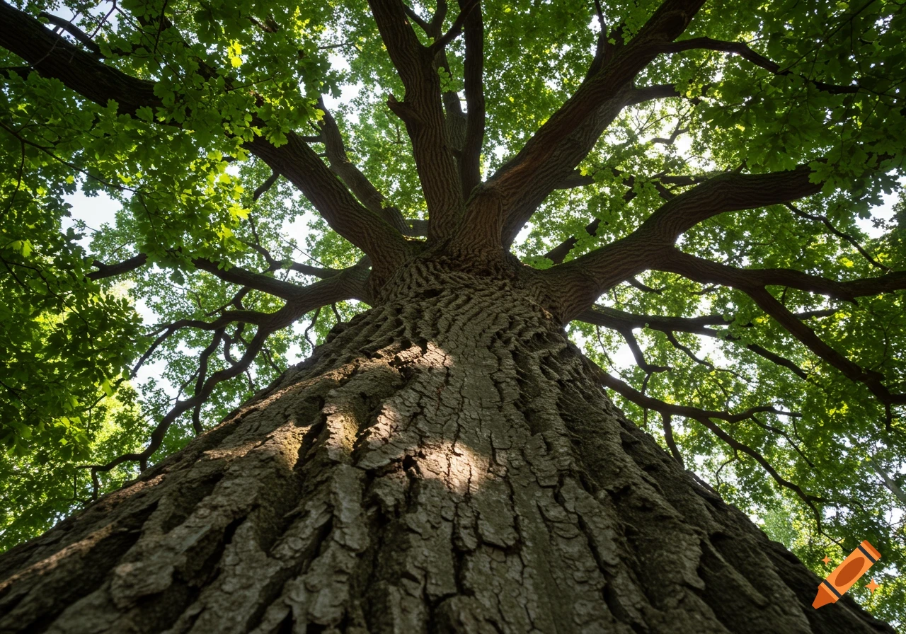 Low-angle view looking up a large tree trunk, with textured bark, branching into green leaves against a bright sky.