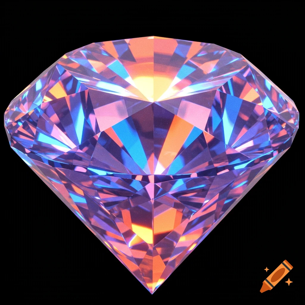 A vibrant diamond with facets reflecting blue, orange, and purple light against a black background.