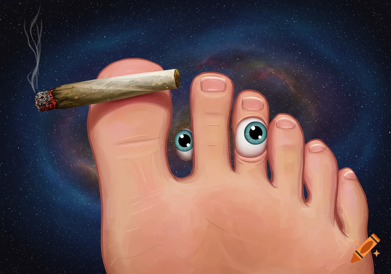 An illustrated surreal image of a human foot with eyeballs in two toes, holding a lit joint against a starry cosmic background.