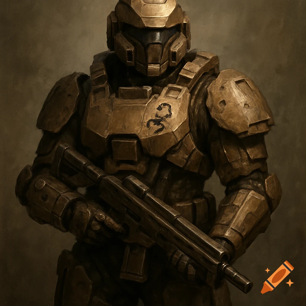 A close-up of a bronze sci-fi armored soldier holding a rifle, with a scorpion insignia on the chest.