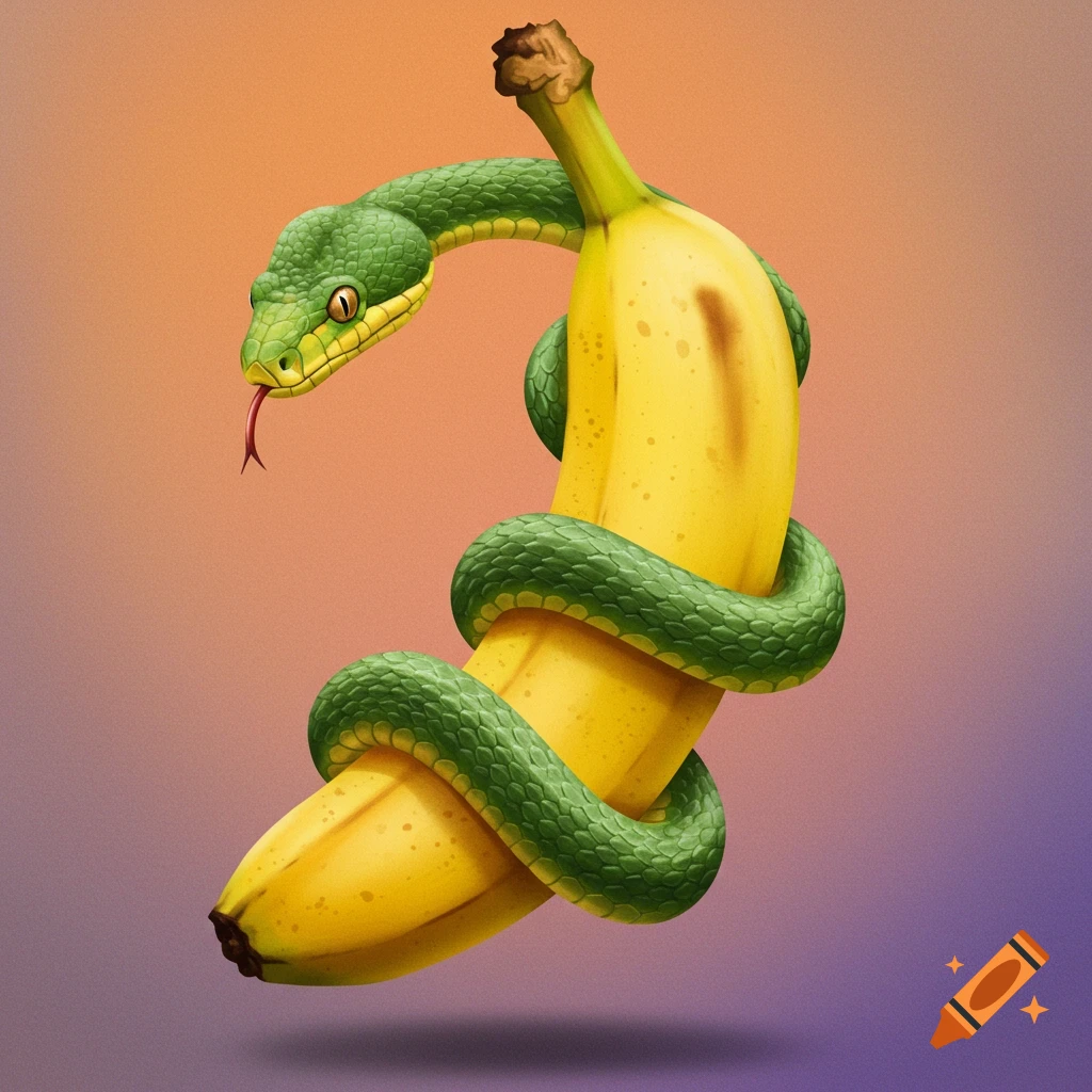 A vibrant green snake coiled around a ripe yellow banana, with a purple and orange gradient background.