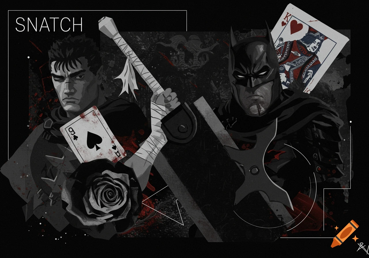 A gothic art collage featuring Guts from Berserk and Batman, with playing cards and the word SNATCH.