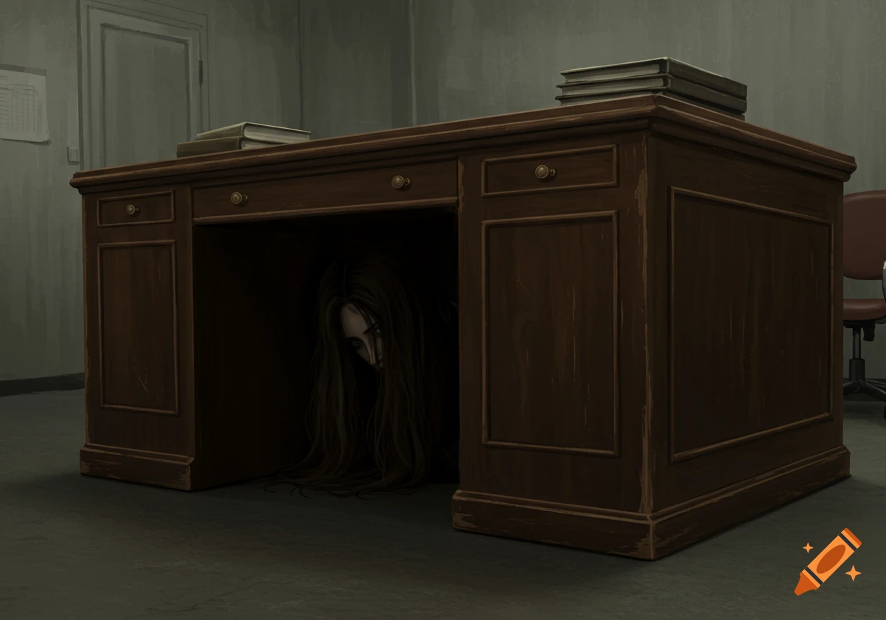 A creepy woman with long dark hair and a pale face peeks out from under a dark wooden office desk in a dim room.