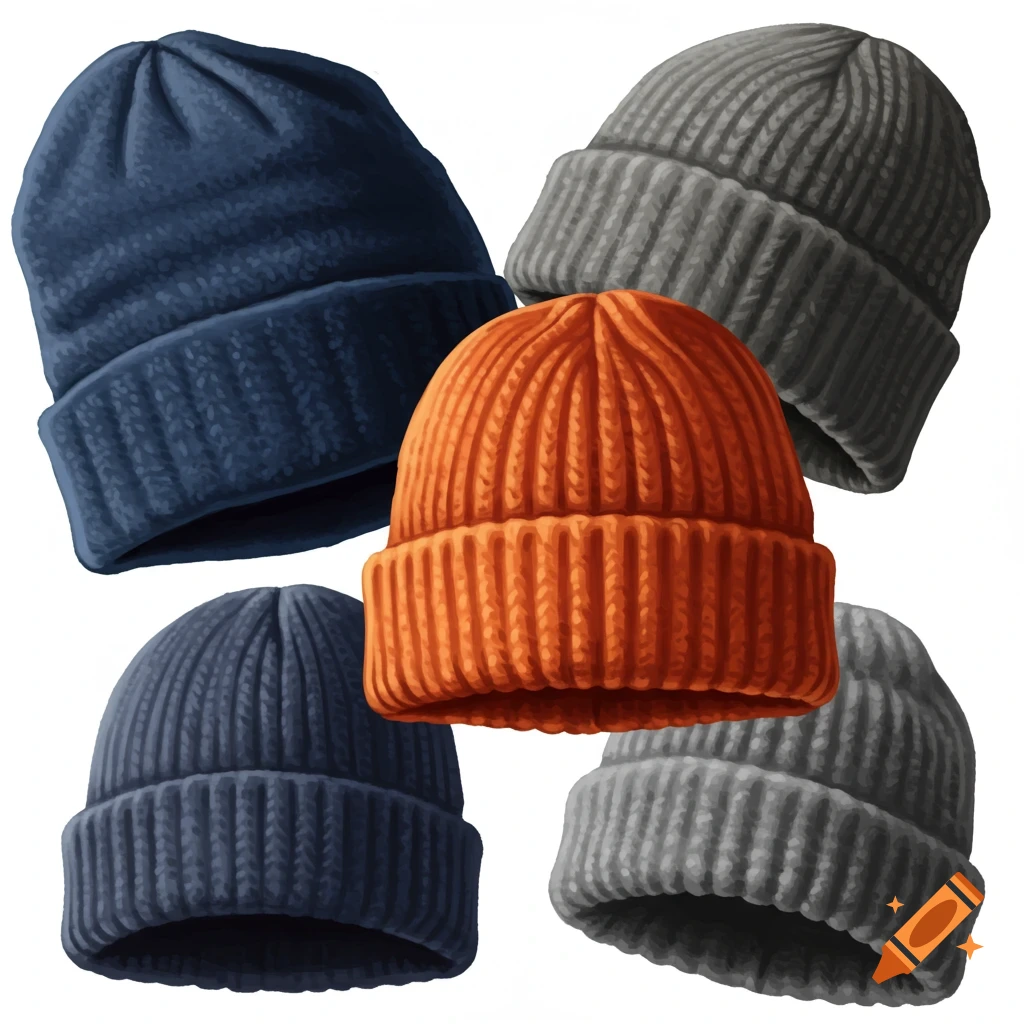 A collection of five knitted beanies in different colors: two dark blue, two gray, and one bright orange in the center.