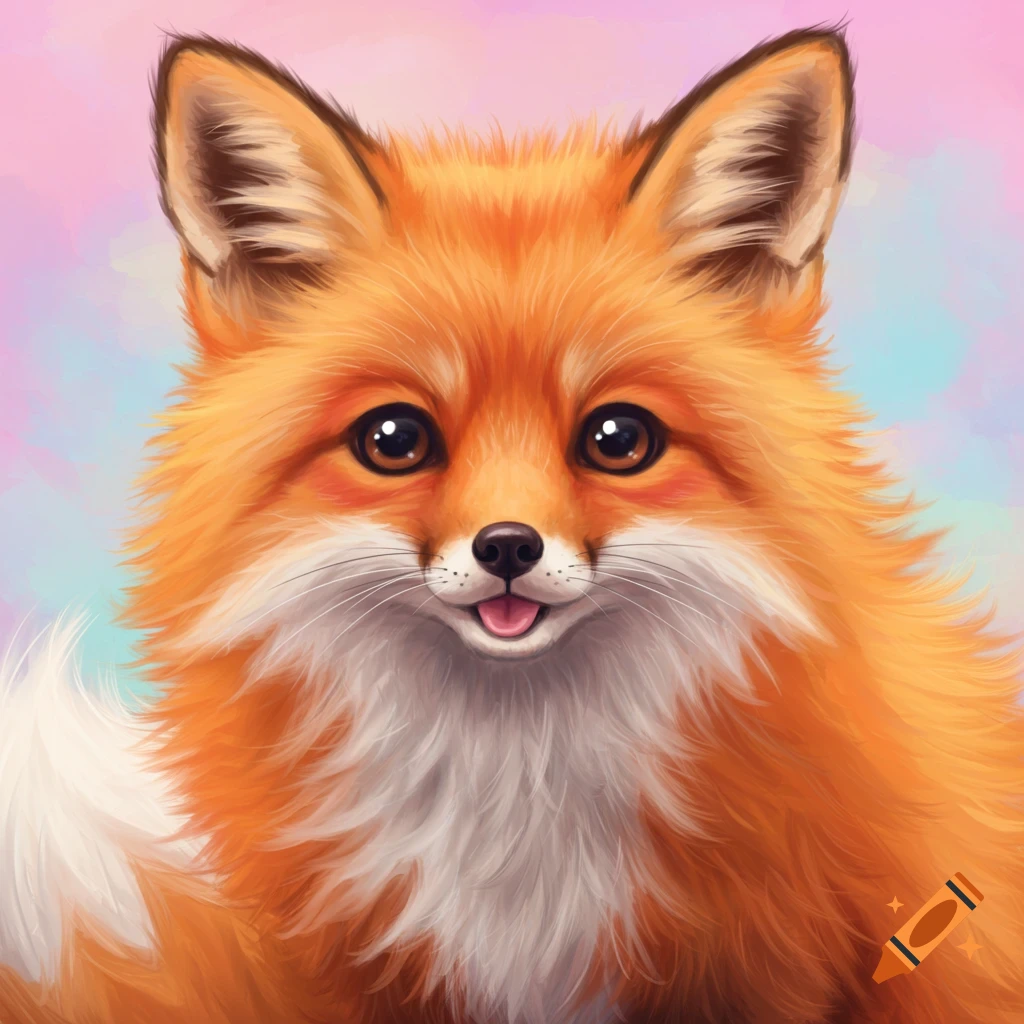 A close-up digital painting of a cute red fox with big eyes and a fluffy white chest, against a pastel background.