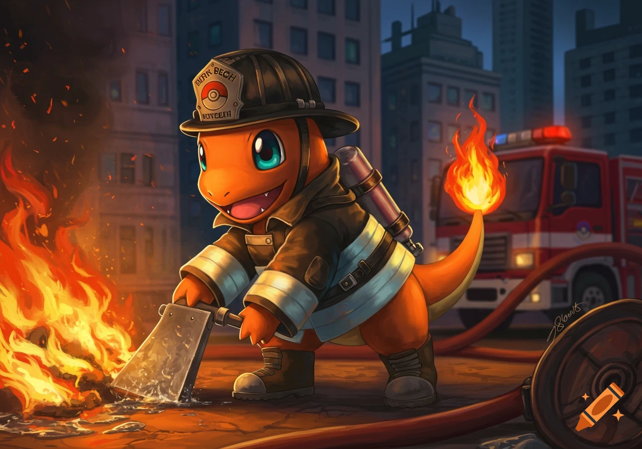 An adorable Charmander dressed as a firefighter, holding a tool to battle a fire, with a fire truck in the background.
