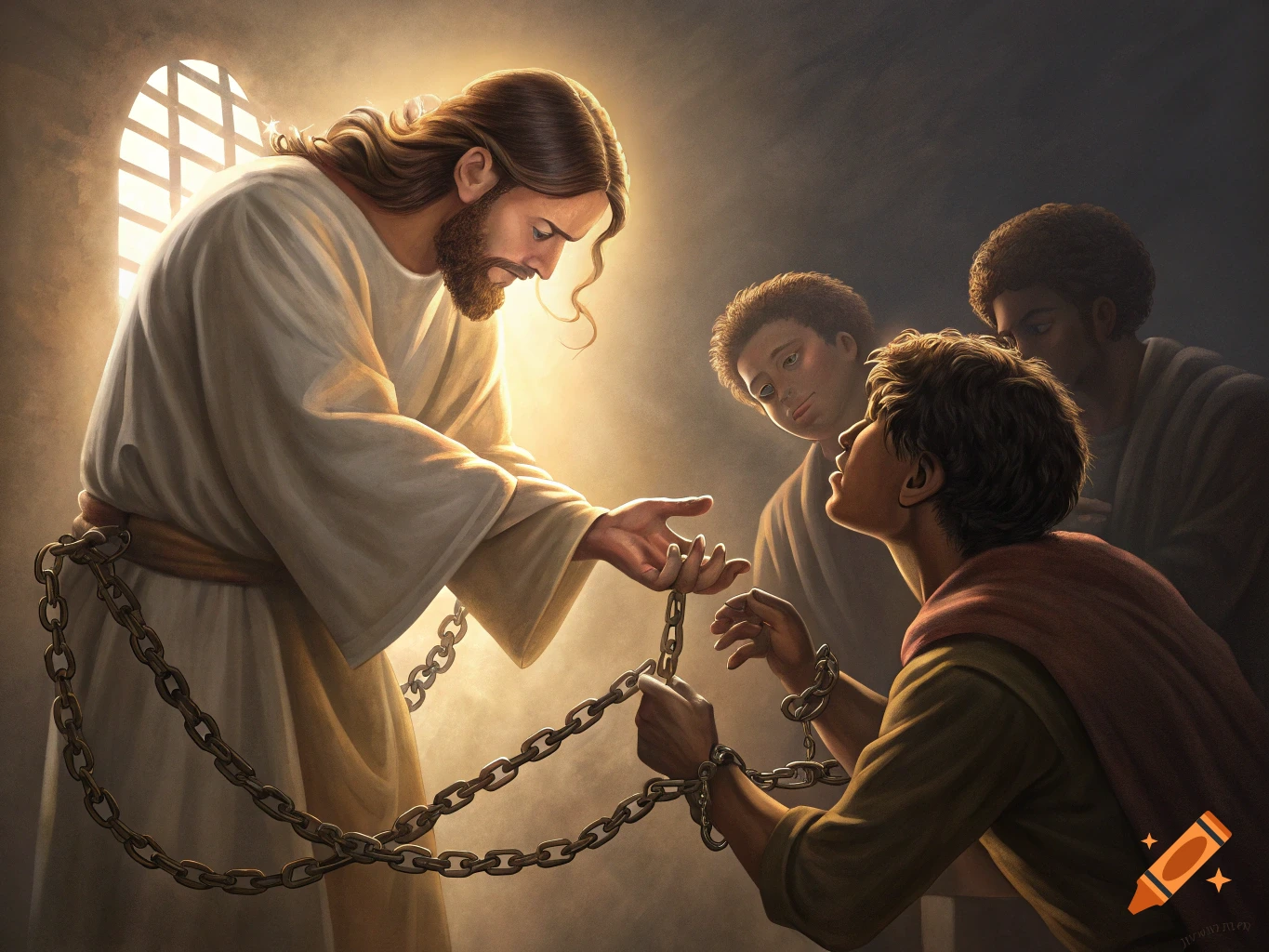 Realistic painting of Jesus reaching out to a kneeling man in chains, with light shining from a window.