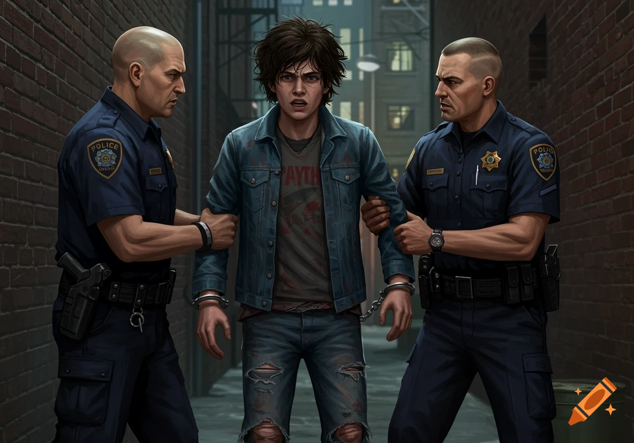 Two police officers in uniform arrest a disheveled teen boy in an alleyway, handcuffs on his wrists. The image is a detailed illustration.