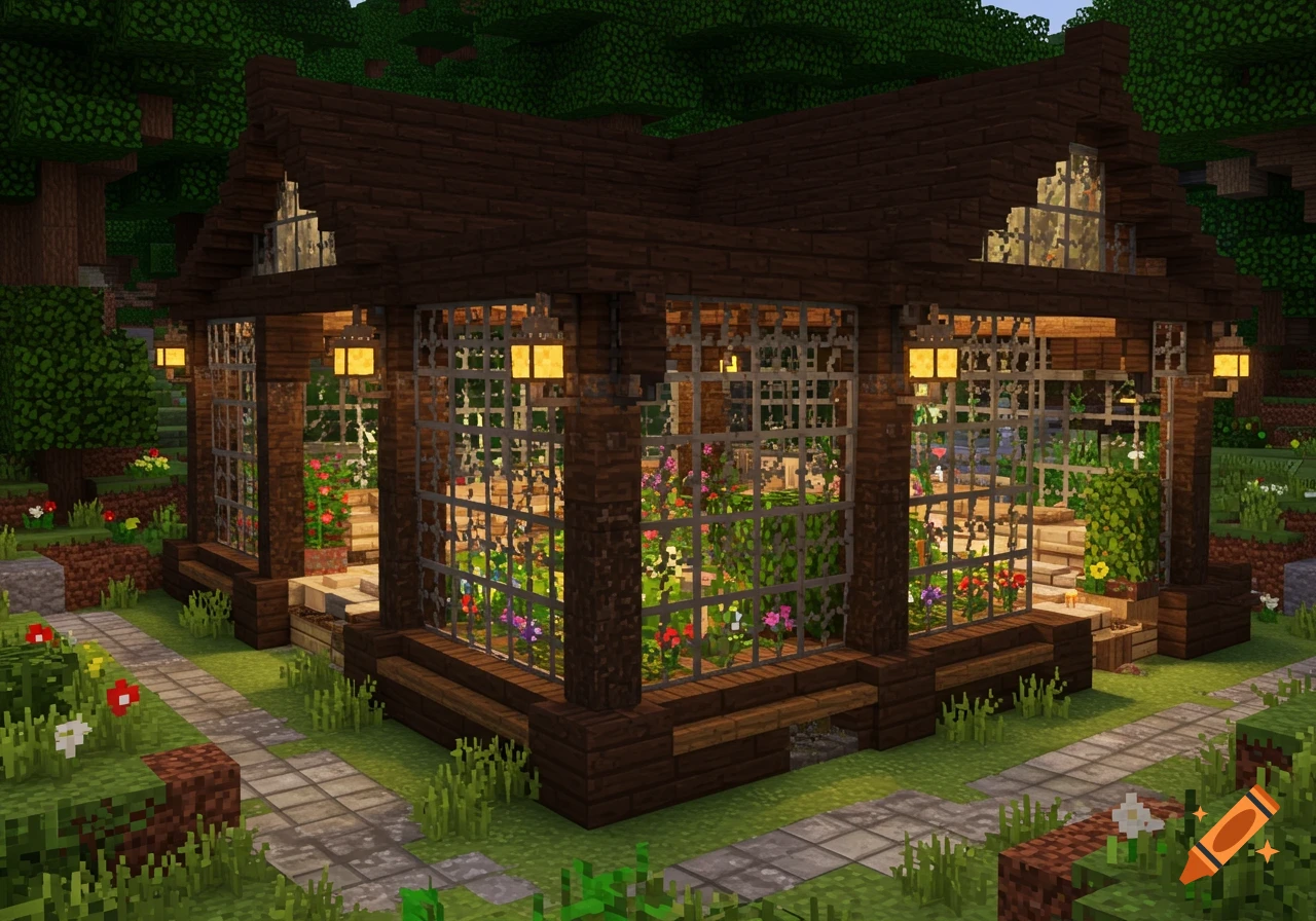 A blocky Minecraft Victorian-era greenhouse made of dark wood and glass, filled with colorful flowers, set in a grassy landscape.
