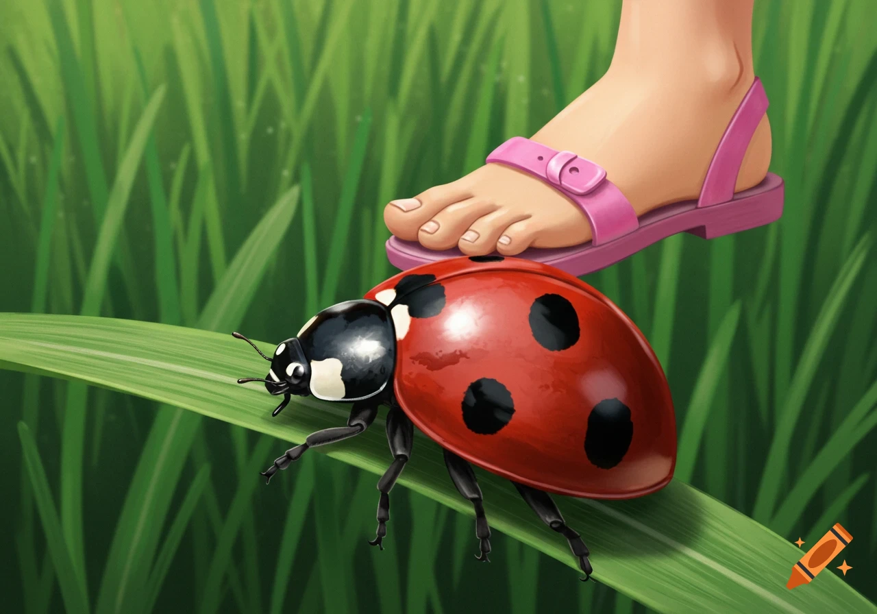 An illustration of a large red ladybug on a blade of grass with a child's foot in a pink sandal hovering above it.