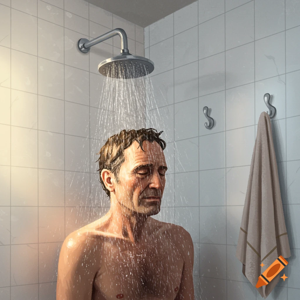 A man showers with his eyes closed, water running over his head and body in a tiled bathroom.