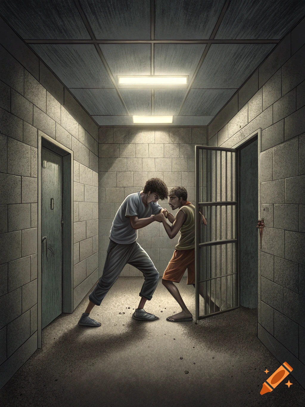 Two individuals grappling in a stark, illuminated prison hallway, rendered in a stylized illustration.