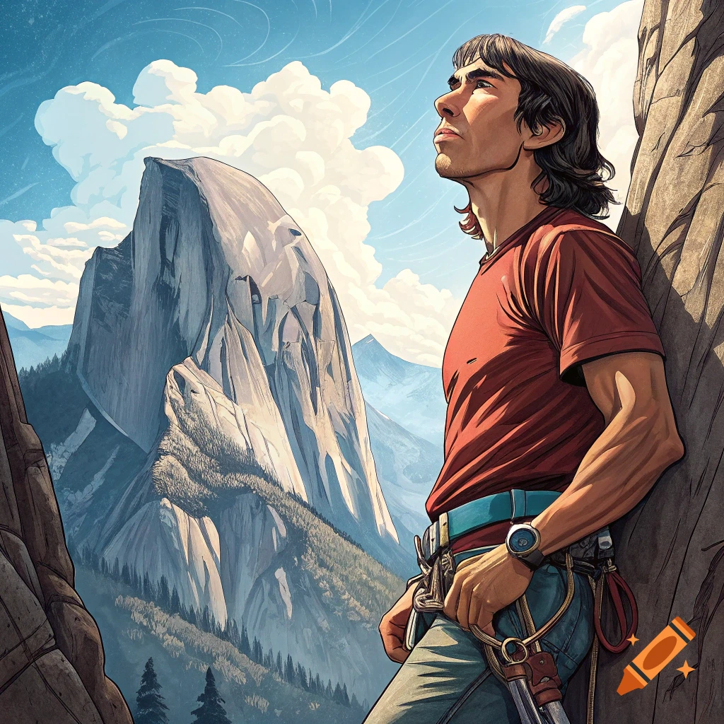 An illustrated male climber in a red shirt leans against a rock, looking up at a massive mountain peak under a blue sky.