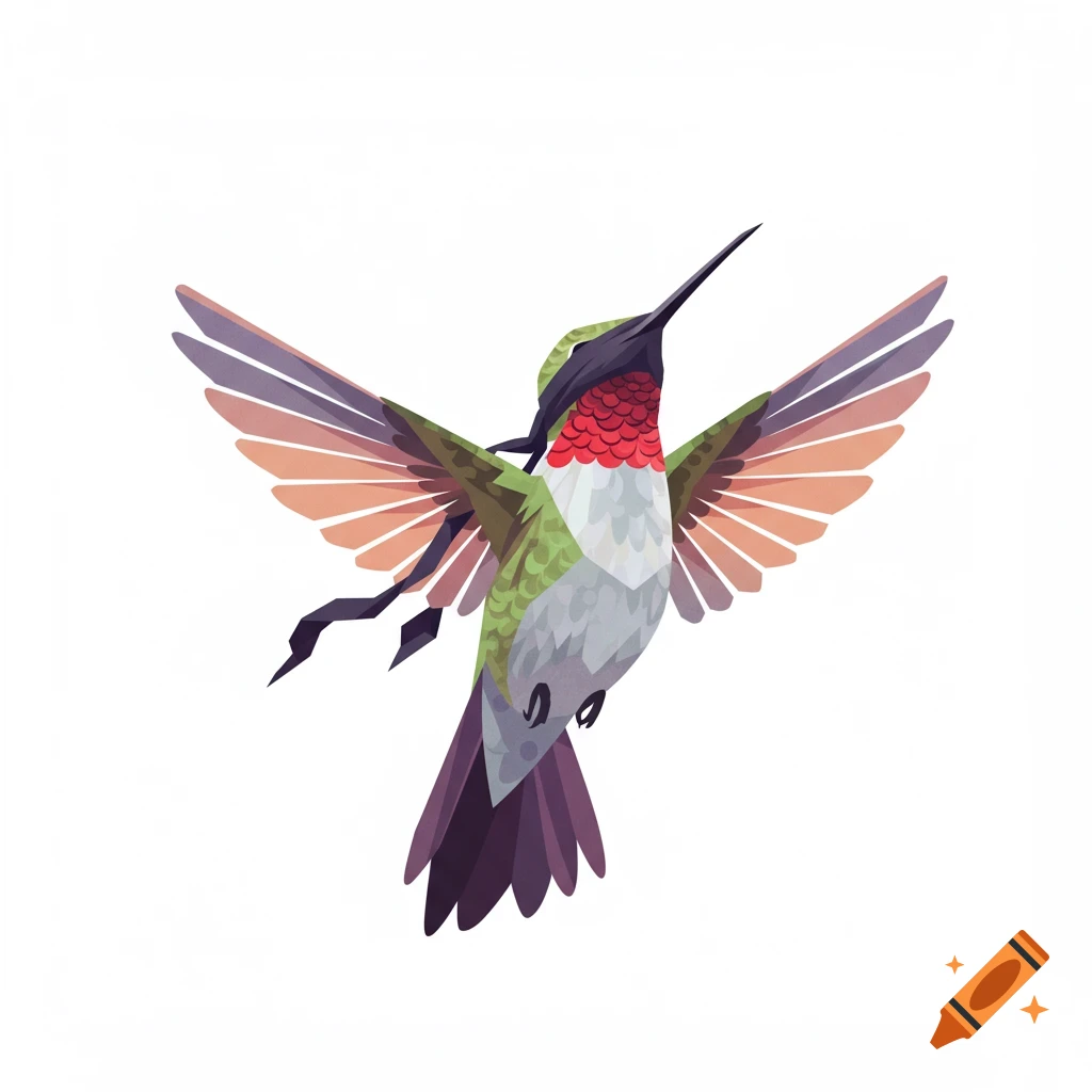 Minimalist insignia art style illustration of a blindfolded hummingbird with spread wings, flying upwards.
