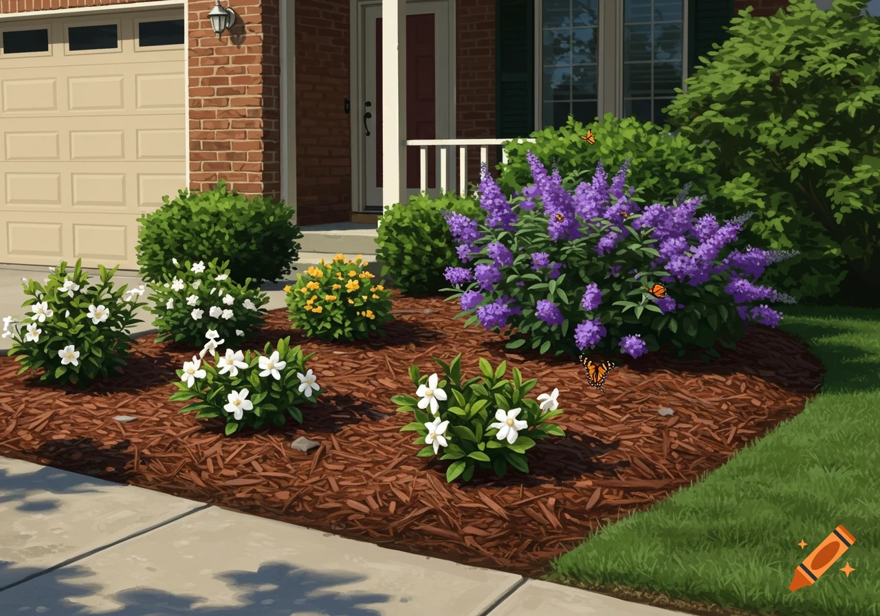 Lush front yard garden with white gardenias, purple butterfly bushes, brown mulch, and butterflies. A brick house and garage are in the background.