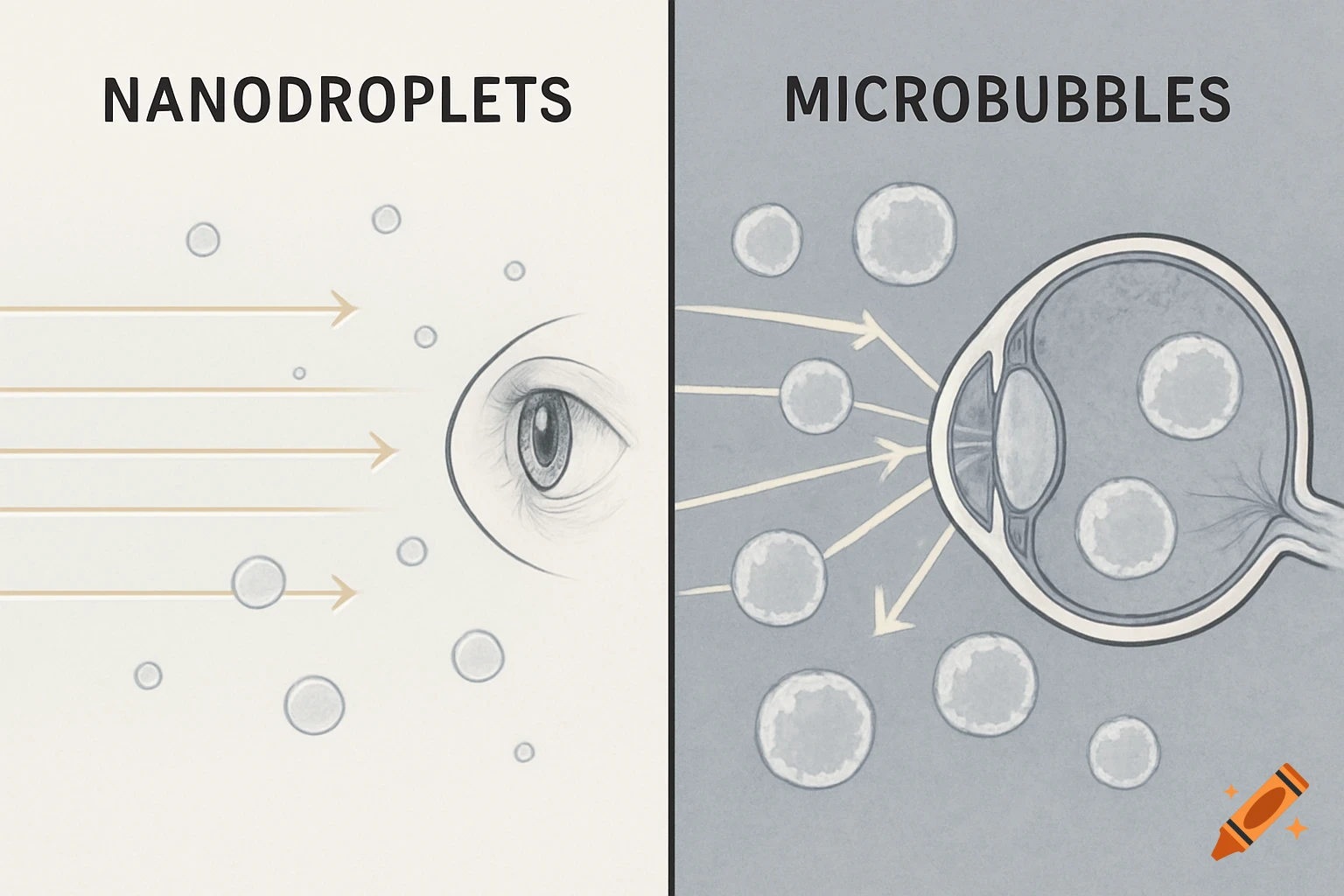A scientific diagram compares light passing through small nanodroplets (left) and larger, light-scattering microbubbles (right) towards an eye.