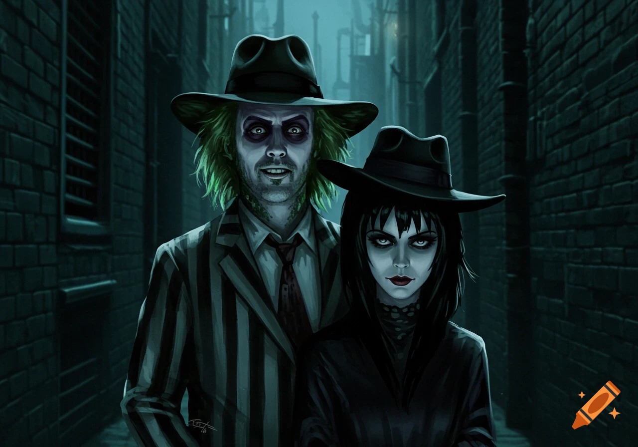 Digital illustration of Beetlejuice and Lydia Deetz standing in a dark, atmospheric alleyway, looking towards the viewer.