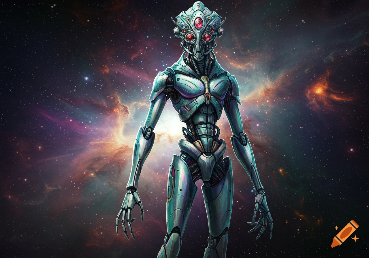 A futuristic silver alien robot with multiple red eyes and intricate mechanical details stands against a vibrant cosmic nebula in a detailed digital art style.