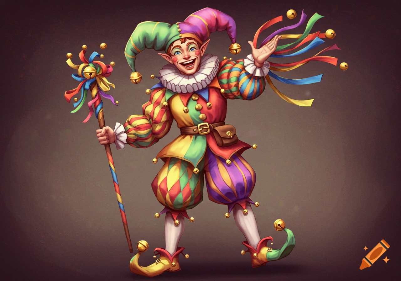 A cheerful, colorful jester in rainbow harlequin clothing with a bell-adorned hat and staff, standing against a dark background.