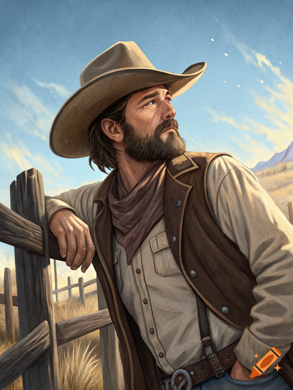 A bearded cowboy in a hat and vest leans on a wooden fence, looking up at the sky in a painted style.