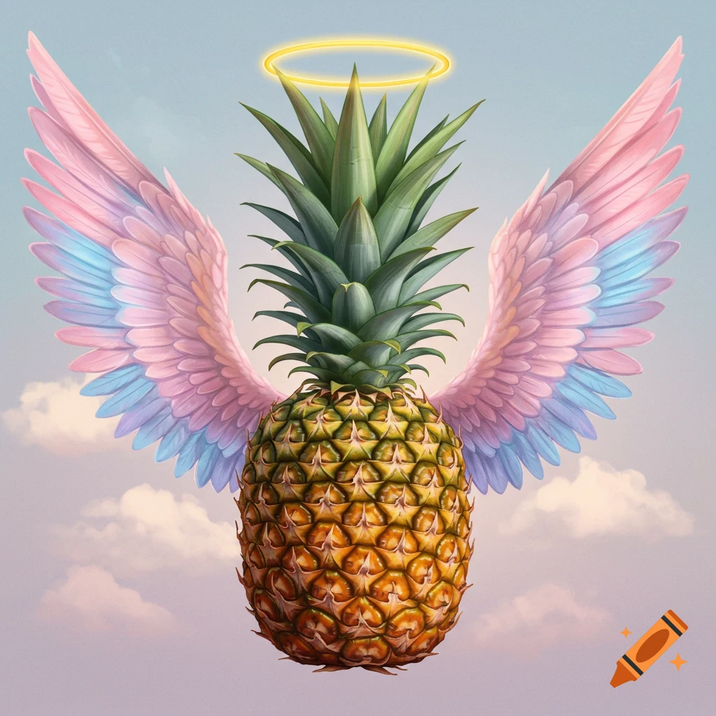 A pineapple with pink and blue gradient angel wings and a glowing yellow halo floats in a cloudy sky.