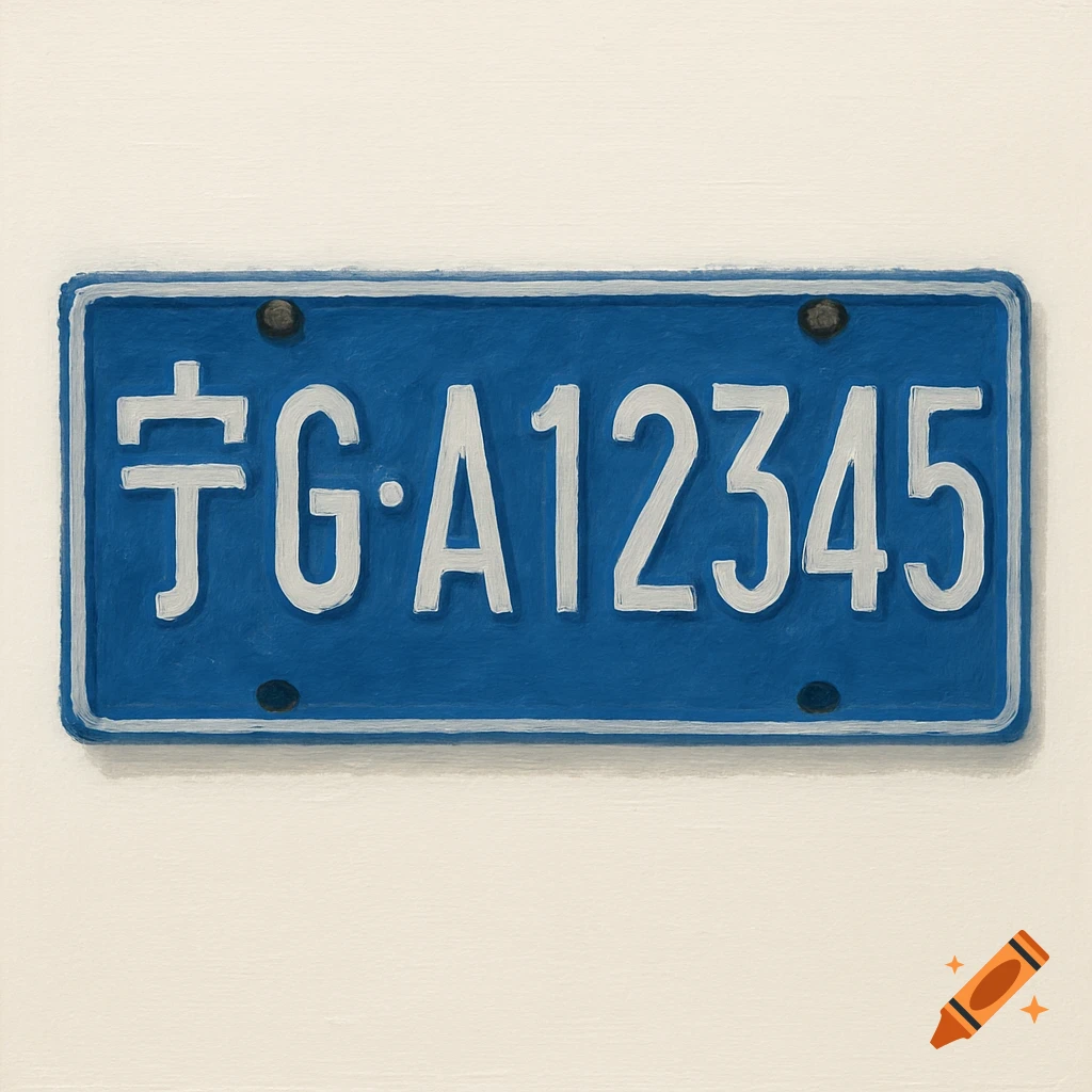 A blue Chinese license plate with white characters '宁G A12345' against a white background, in a painted style.