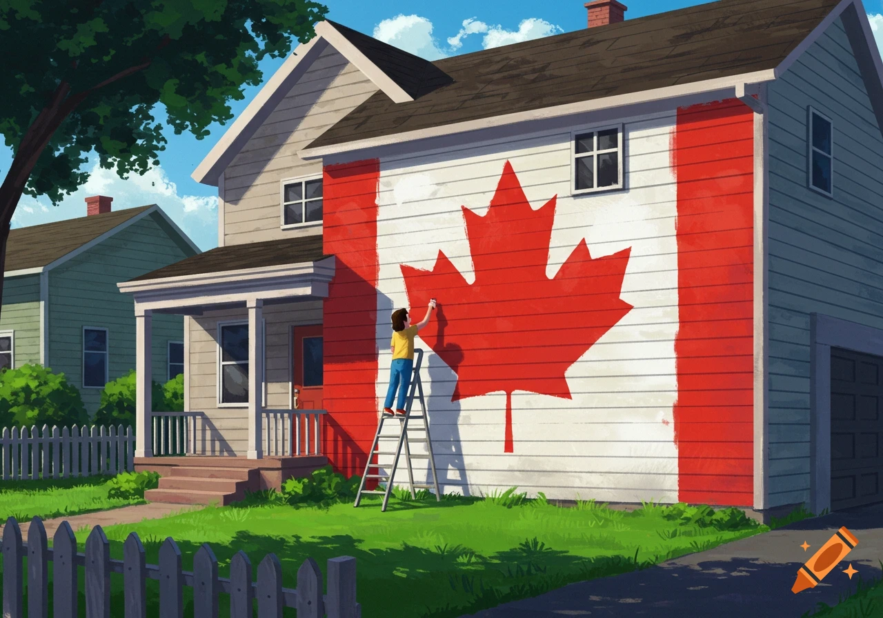 A person on a ladder paints a large Canadian flag on the side of a house in a suburban neighborhood.